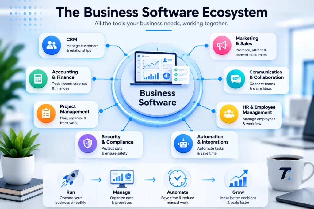 Business software ecosystem showing CRM accounting project management and automation tools