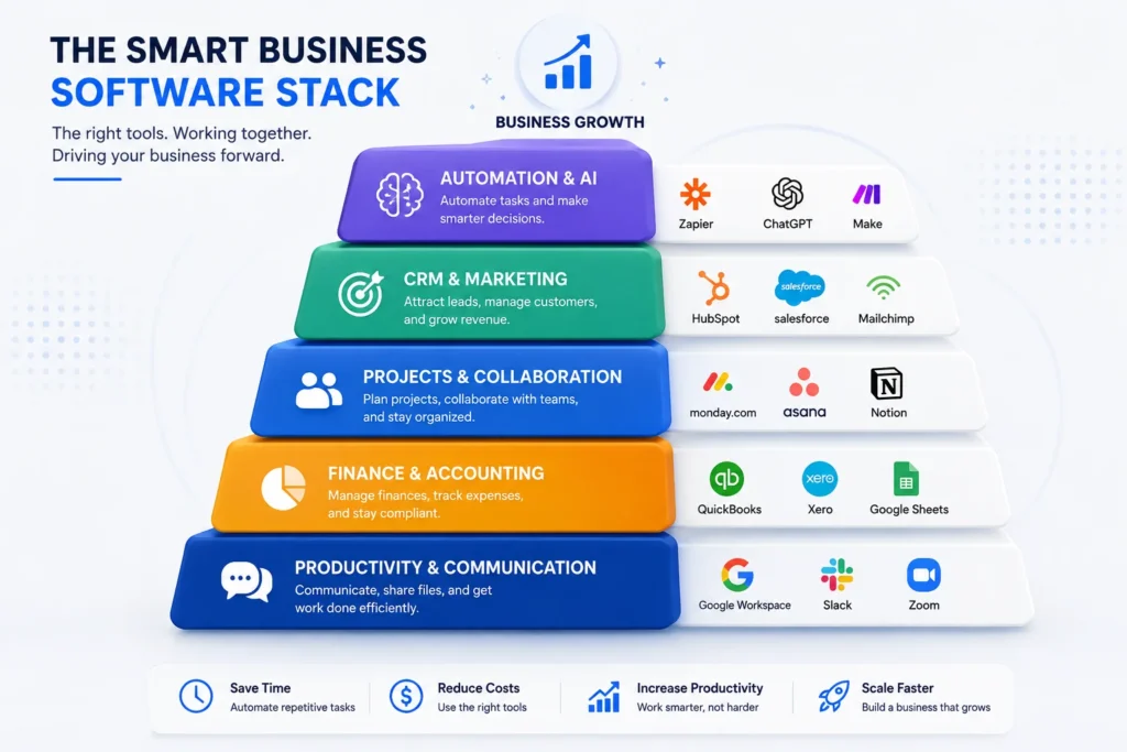 Small business software stack showing productivity CRM accounting and automation