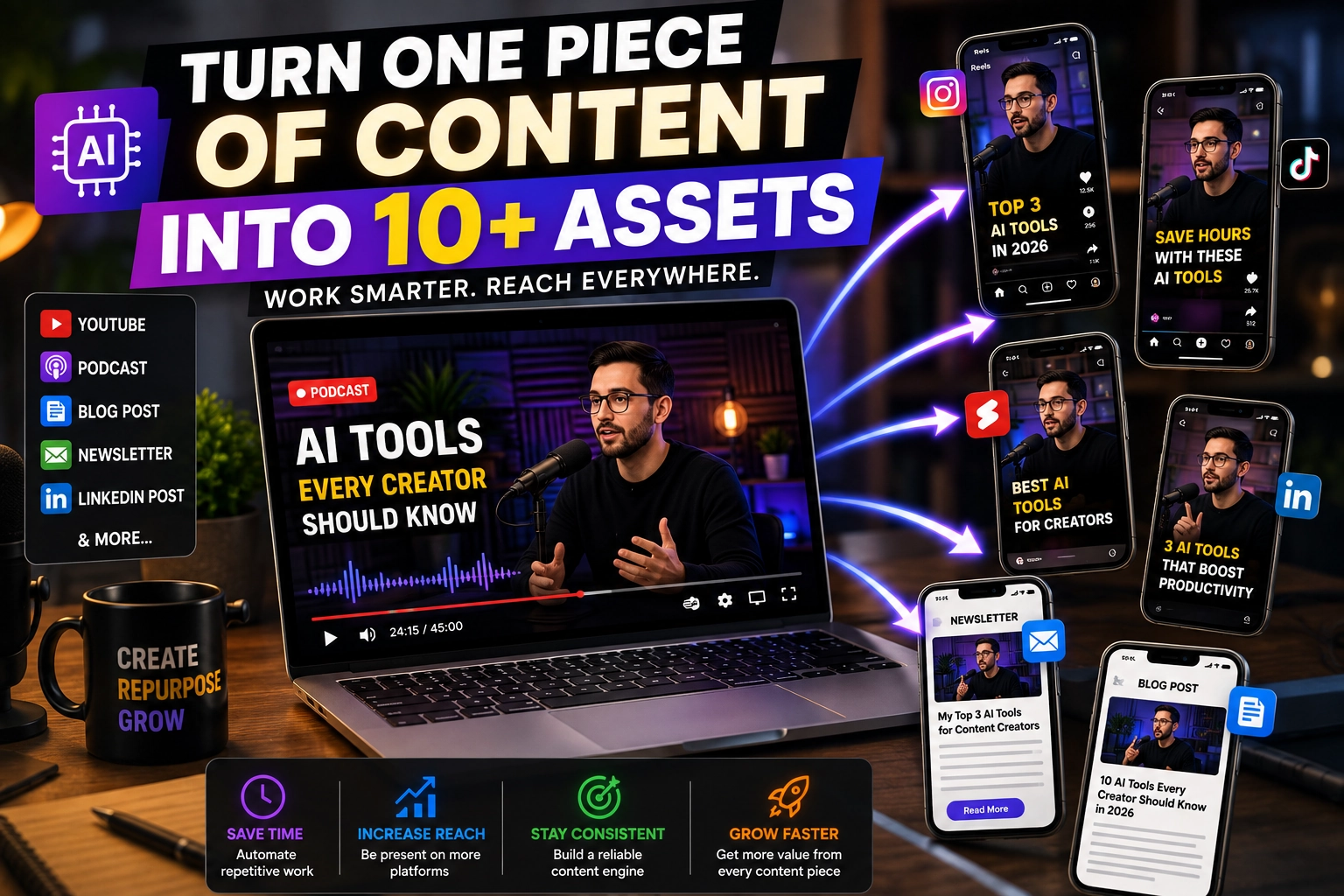 Discover the best AI content repurposing tools in 2026. Turn videos, podcasts and blog posts into Shorts, social posts, newsletters and more.